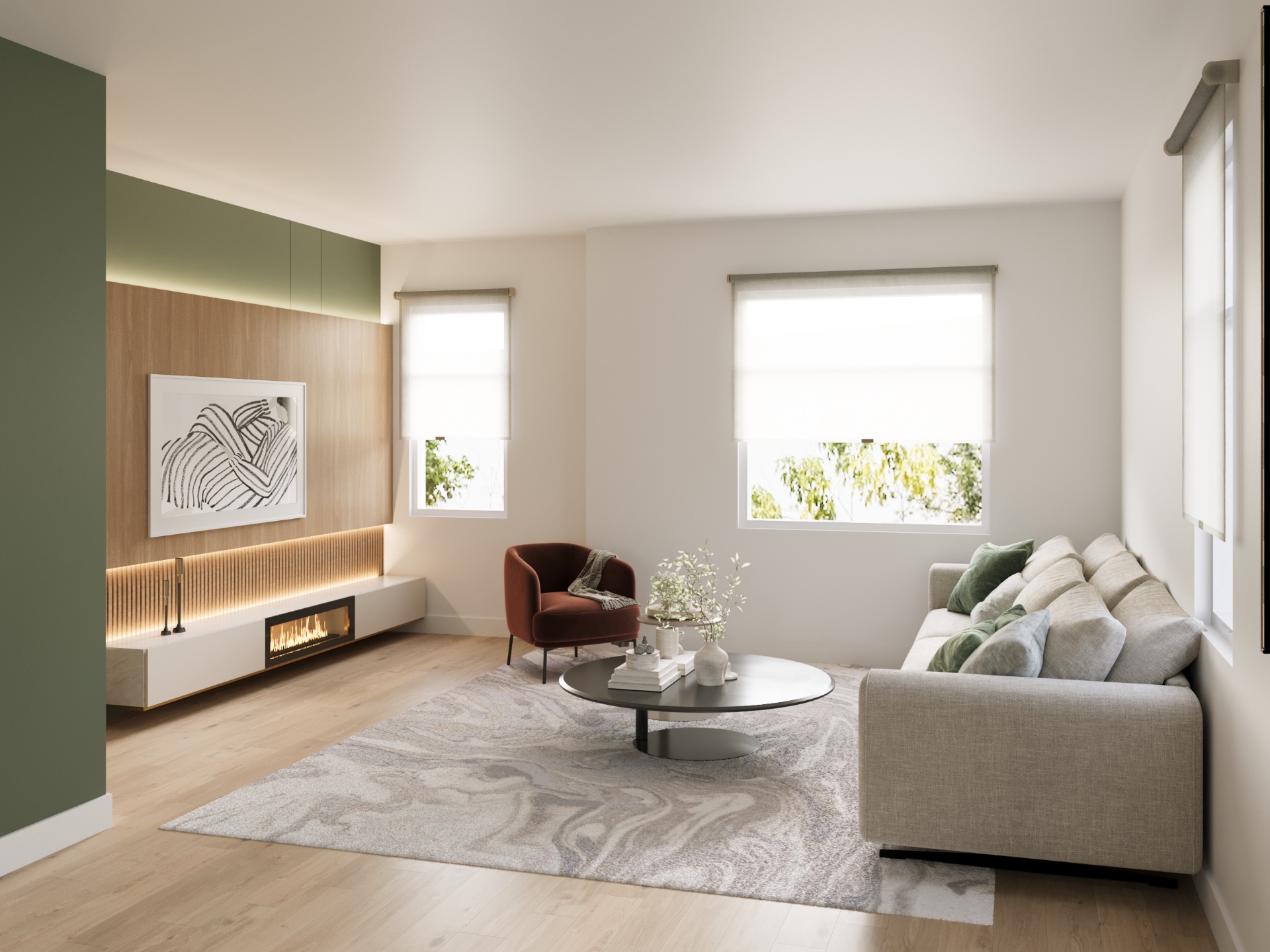 Cedar Village living room with fireplace
